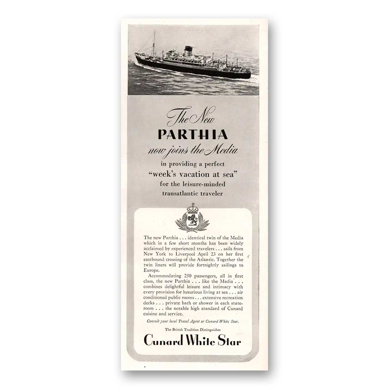 1948 Cunard White Star Partha Now Joins the Media Vintage Magazine Print Ad