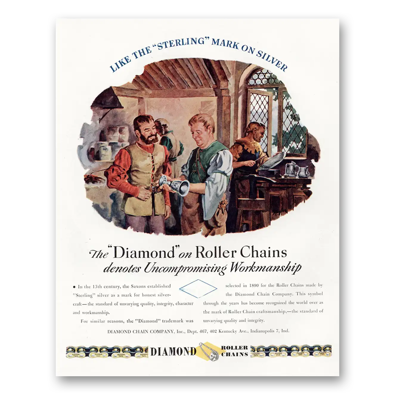 1948 Diamond Roller Chains Sterling Mark on Silver Vintage Magazine Print Ad