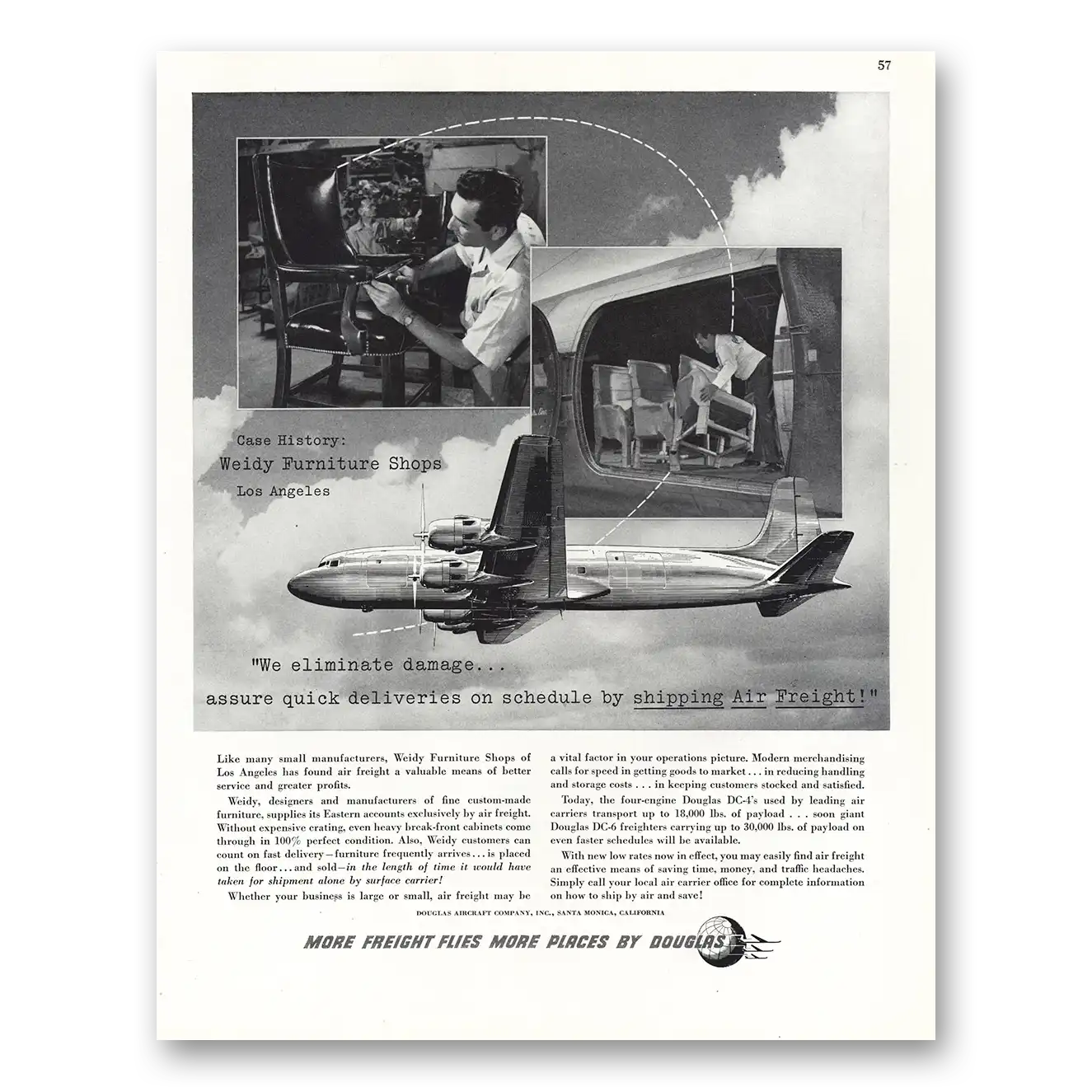 1948 Douglas Air Freight Weidy Furniture Shops Los Angeles Vintage Magazine Print Ad