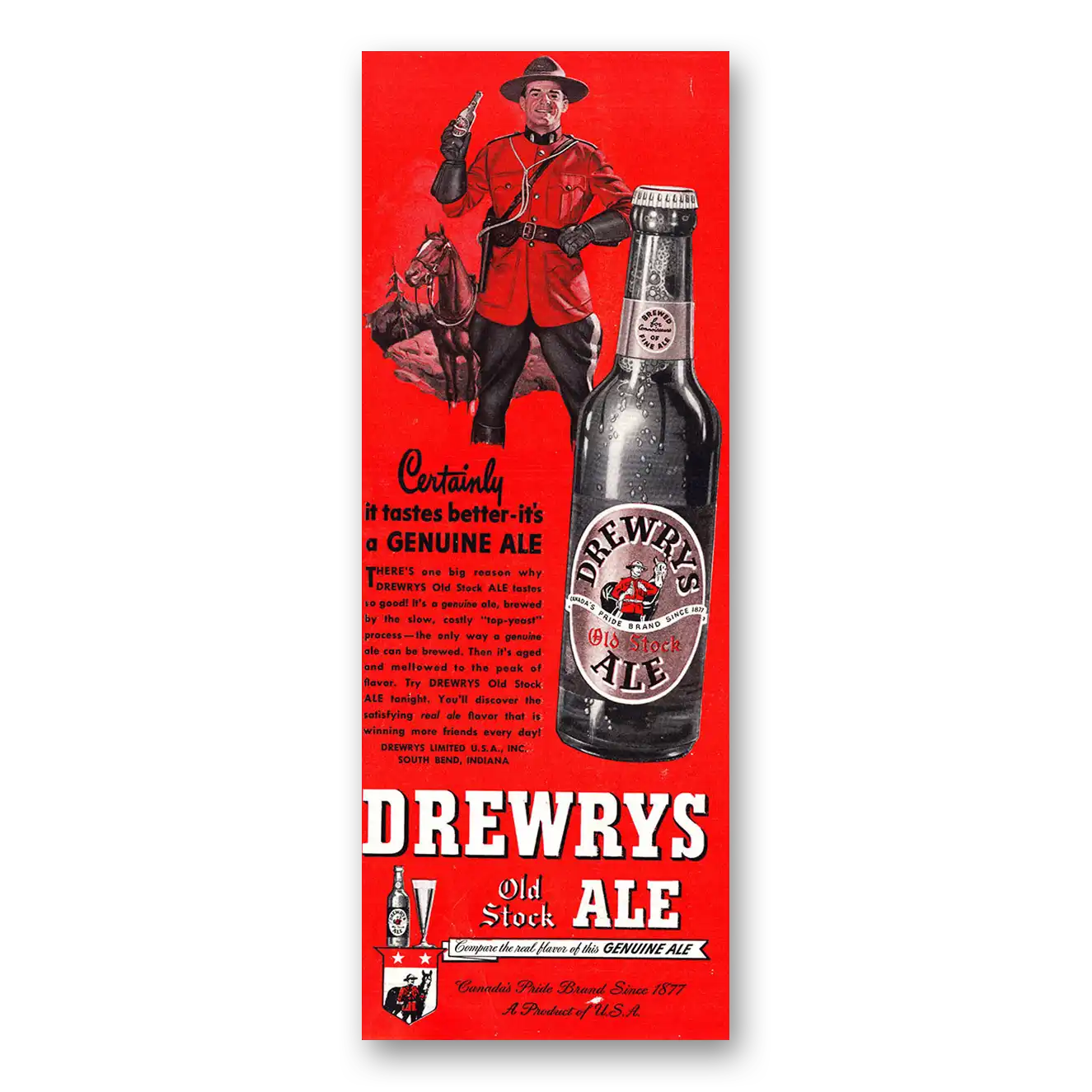 1948 Drewrys Old Stock Ale Certainly Tastes Better Vintage Magazine Print Ad