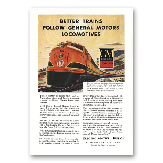 1948 GM Electro Motive Better Trains Follow Vintage Magazine Print Ad