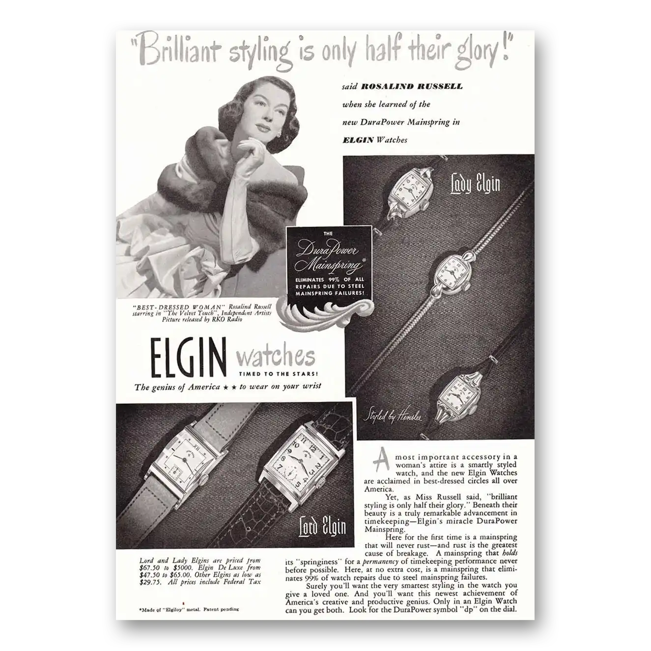 1948 Elgin Watch Rosalind Russell Vintage Magazine Print Ad