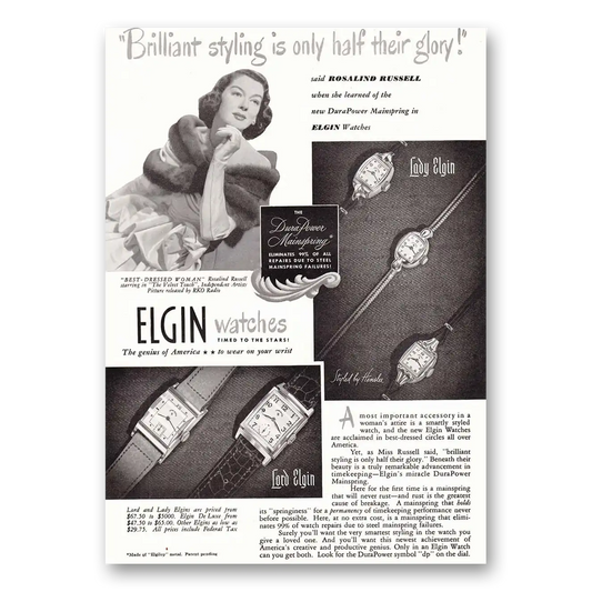 1948 Elgin Watch Rosalind Russell Vintage Magazine Print Ad