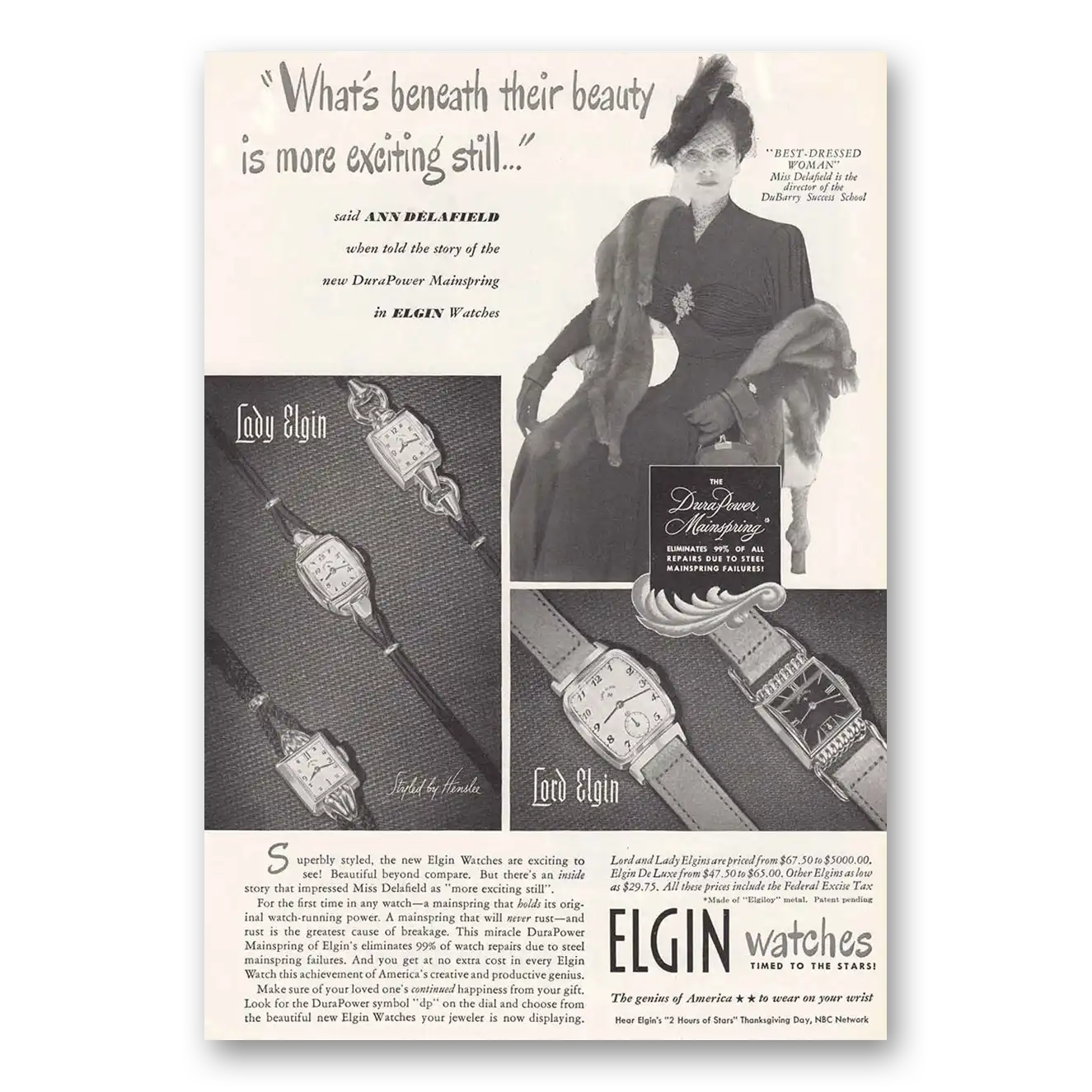 1948 Elgin Watch Ann Delafield Best Dressed Woman Vintage Magazine Print Ad