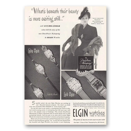 1948 Elgin Watch Ann Delafield Best Dressed Woman Vintage Magazine Print Ad