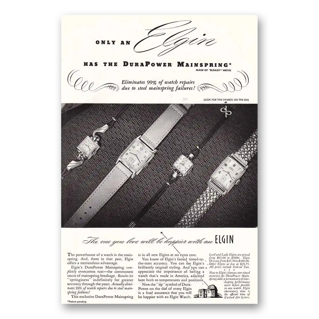 1948 Elgin Watch DuraPower Mainspring Vintage Magazine Print Ad