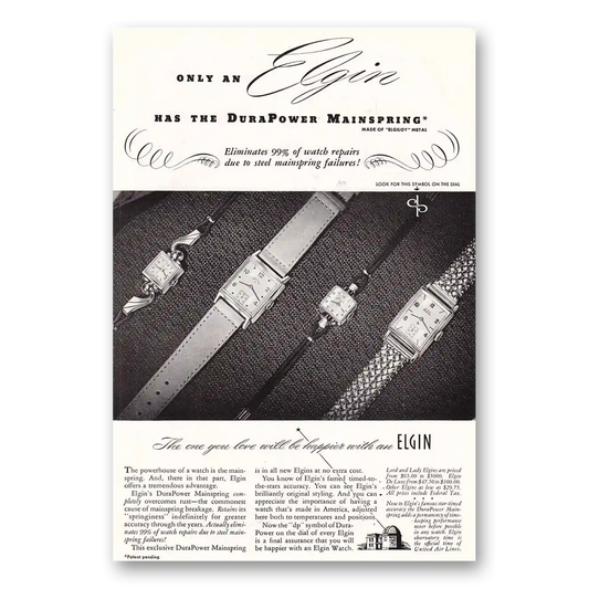 1948 Elgin Watch DuraPower Mainspring Vintage Magazine Print Ad