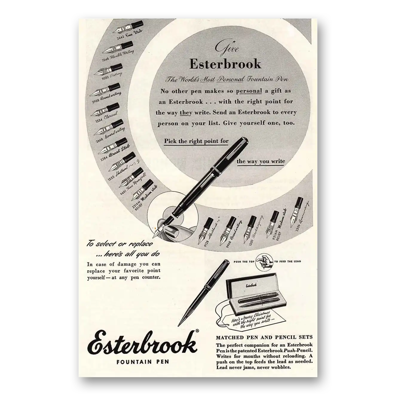 1948 Esterbrook Fountain Pen Fine Stub Flexible Writing Posting Vintage Magazine Print Ad