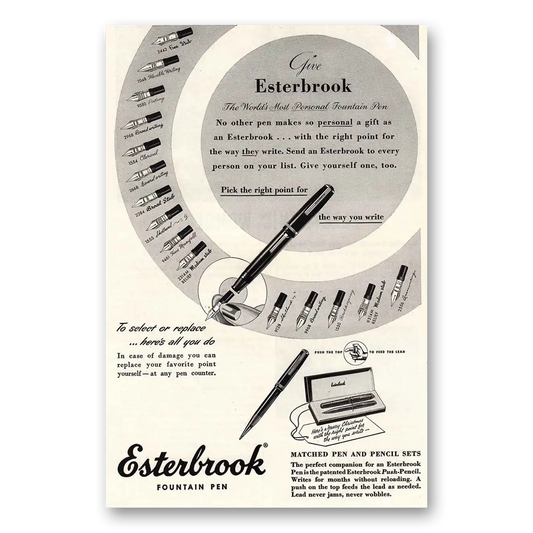 1948 Esterbrook Fountain Pen Fine Stub Flexible Writing Posting Vintage Magazine Print Ad