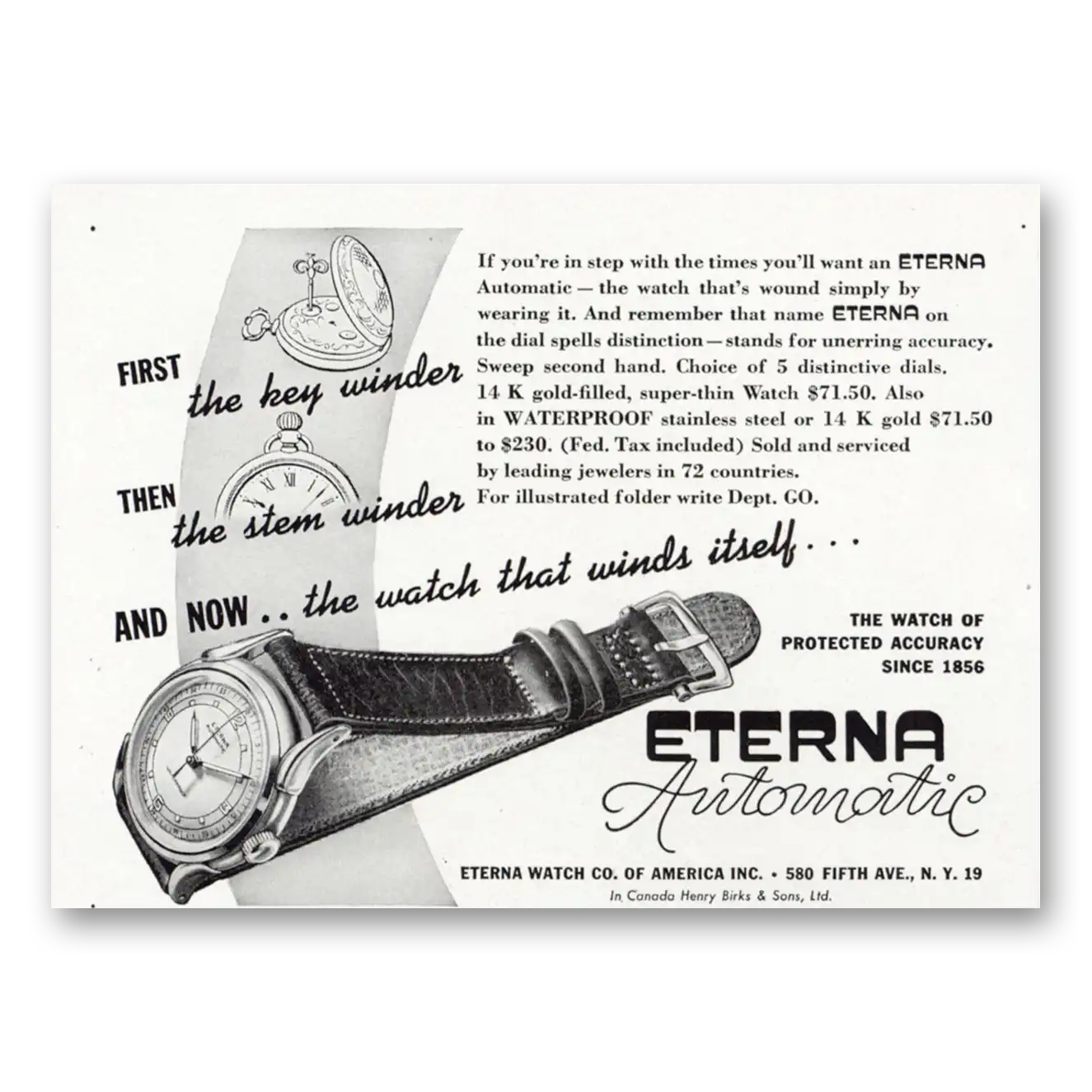 1948 Eterna Watch Automatic Watch First the Key Winder Vintage Magazine Print Ad