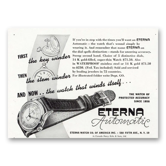 1948 Eterna Watch Automatic Watch First the Key Winder Vintage Magazine Print Ad