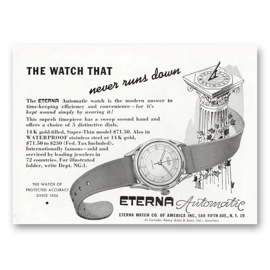 1948 Eterna Watch The Watch That Never Runs Down Vintage Magazine Print Ad