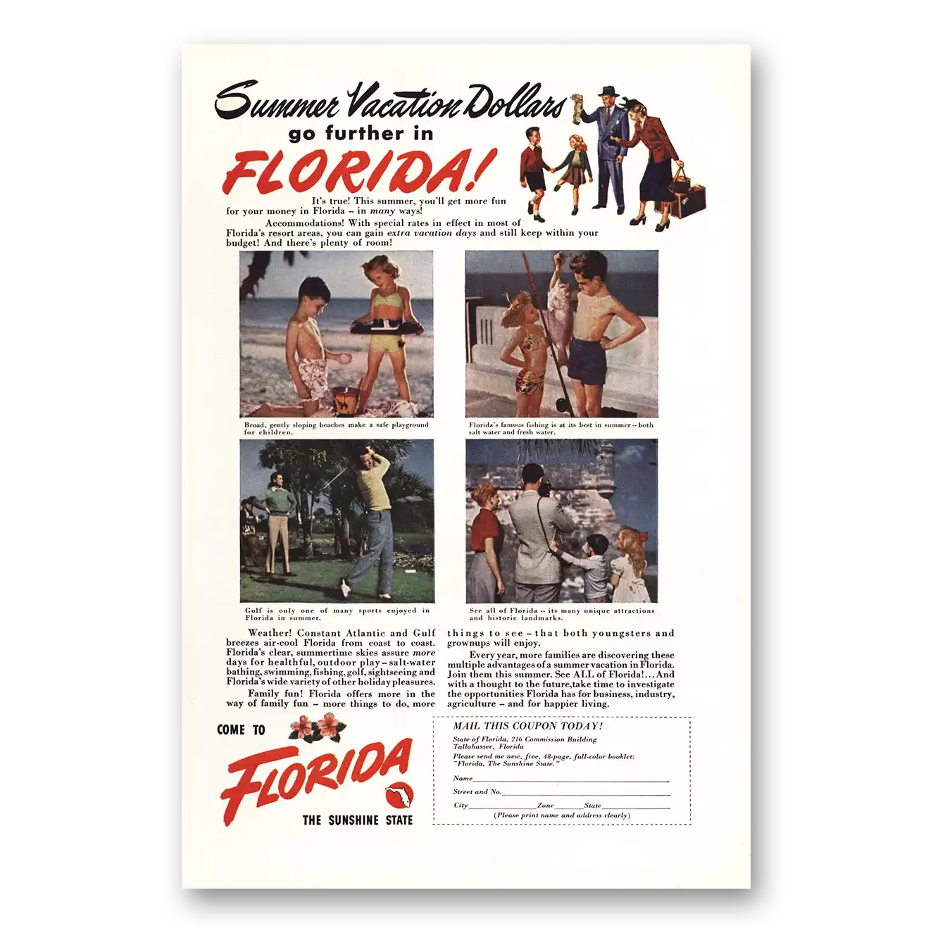 1948 Florida Summer Vacation Dollars Vintage Magazine Print Ad