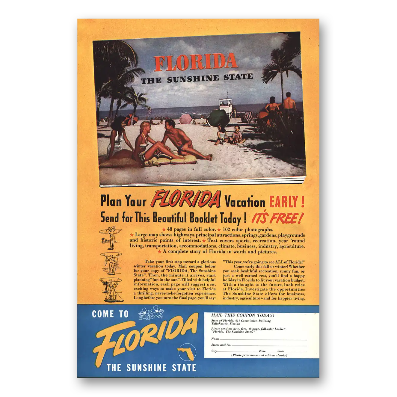 1948 Florida Sunshine State Vintage Magazine Print Ad