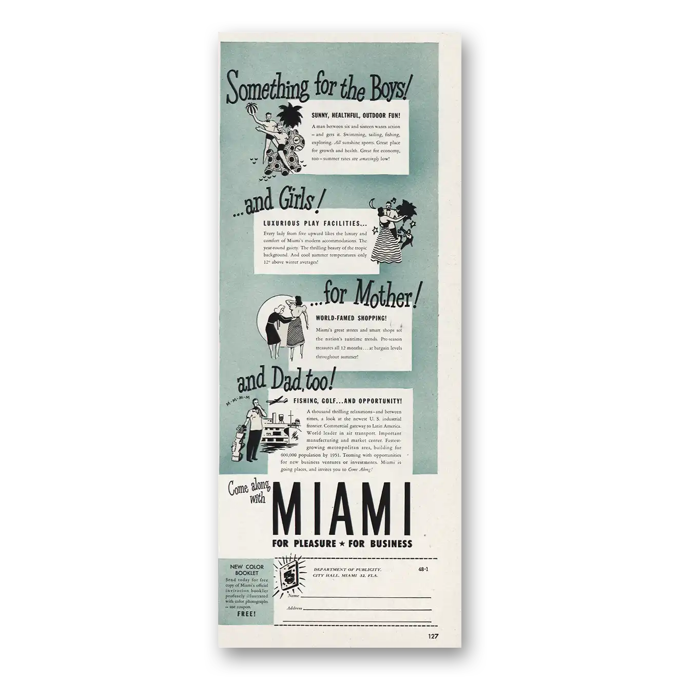 1948 Miami Florida Something for the Boys Girls Vintage Magazine Print Ad