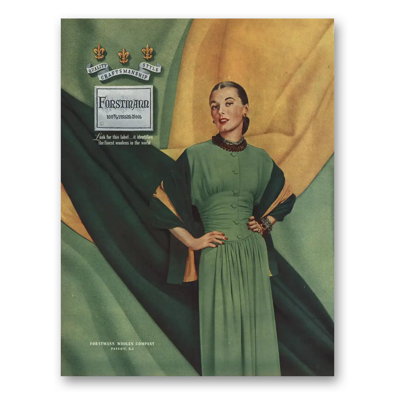 1948 Forstmann Wool Green Dress Vintage Magazine Print Ad