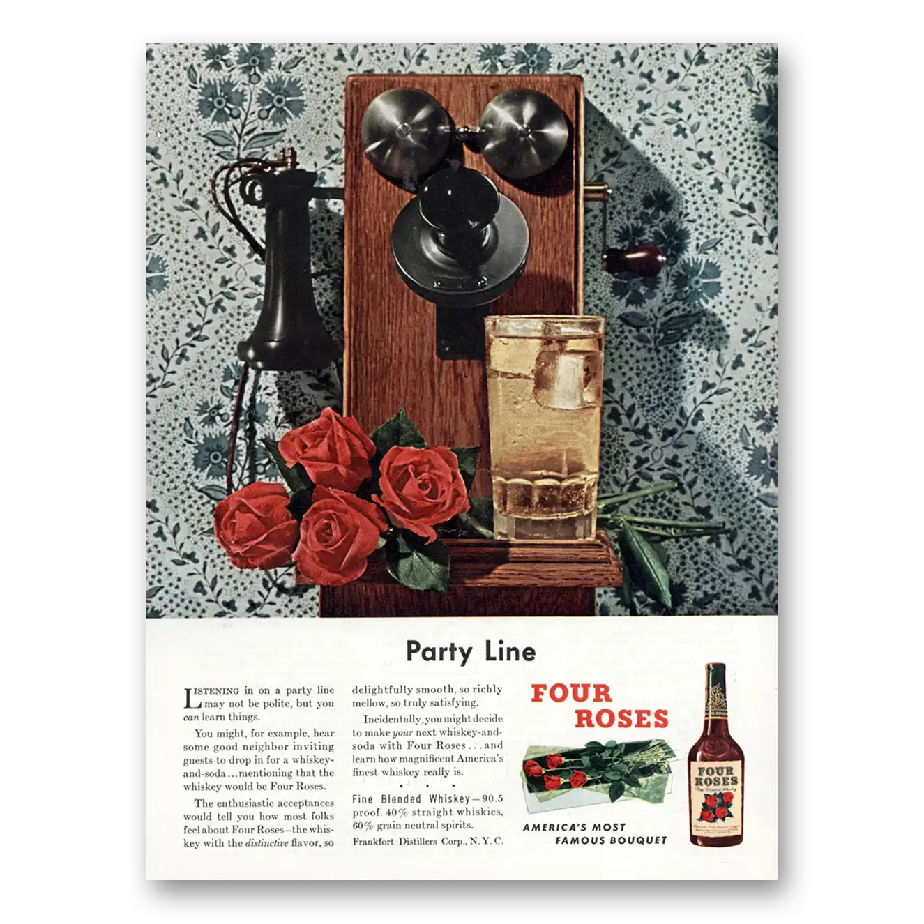 1948 Four Roses Party Line Vintage Magazine Print Ad