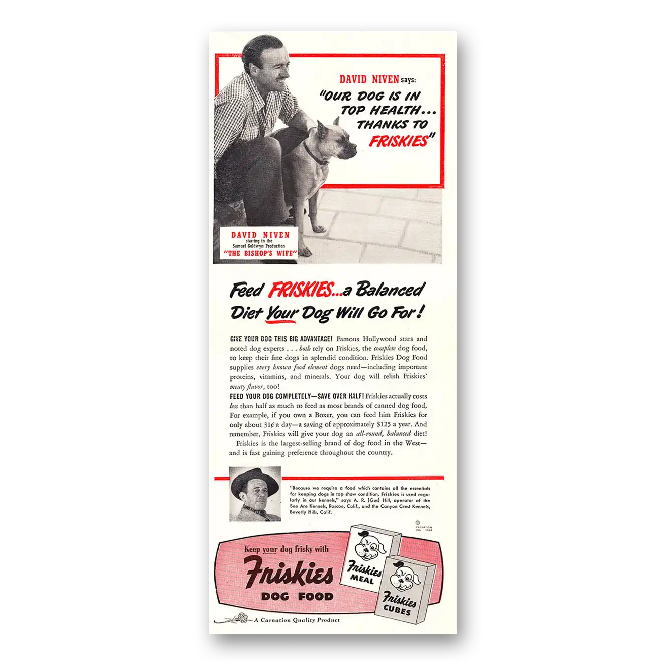 1948 Friskies Dog Food Friskies Dog Food David Niven Top Health Vintage Magazine Print Ad