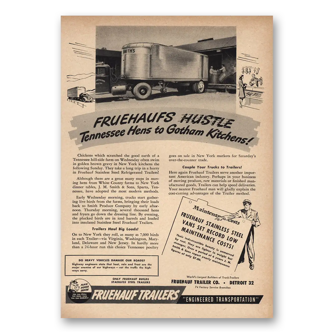 1948 Fruehauf Trailer Hustle Tennessee Hens to Gotham Kitchens Vintage Magazine Print Ad