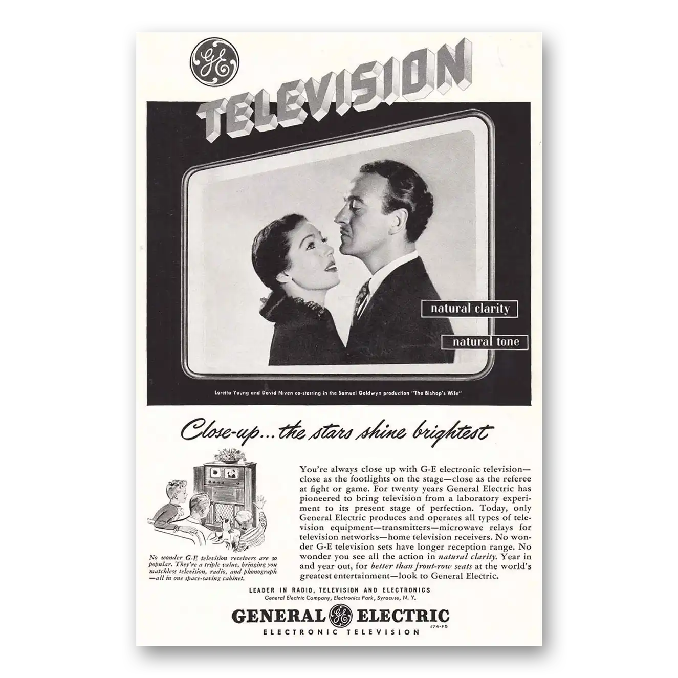 1948 General Electric Television Loretta Young David Niven Vintage Magazine Print Ad