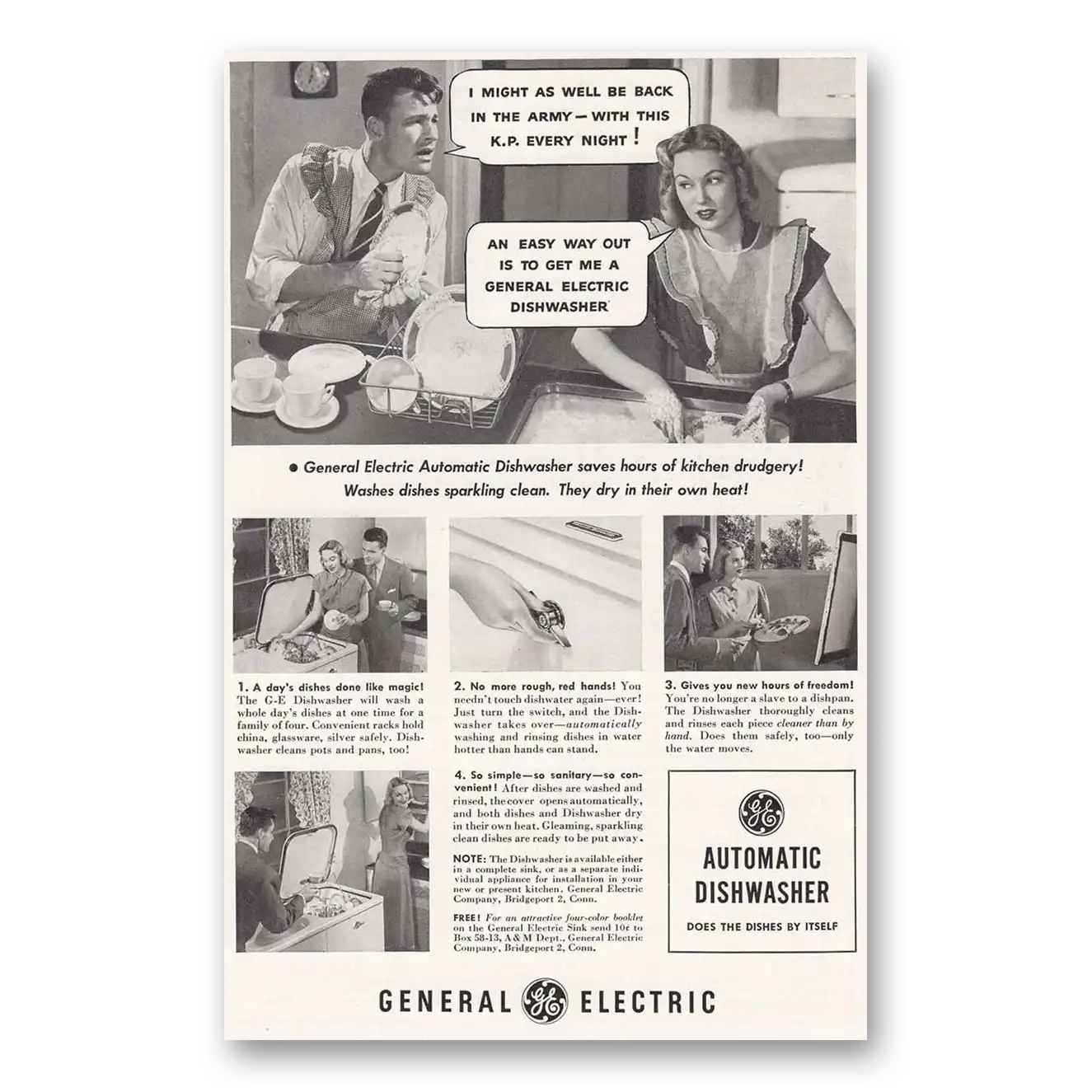 1948 General Electric Dishwasher Be Back in the Army Vintage Magazine Print Ad