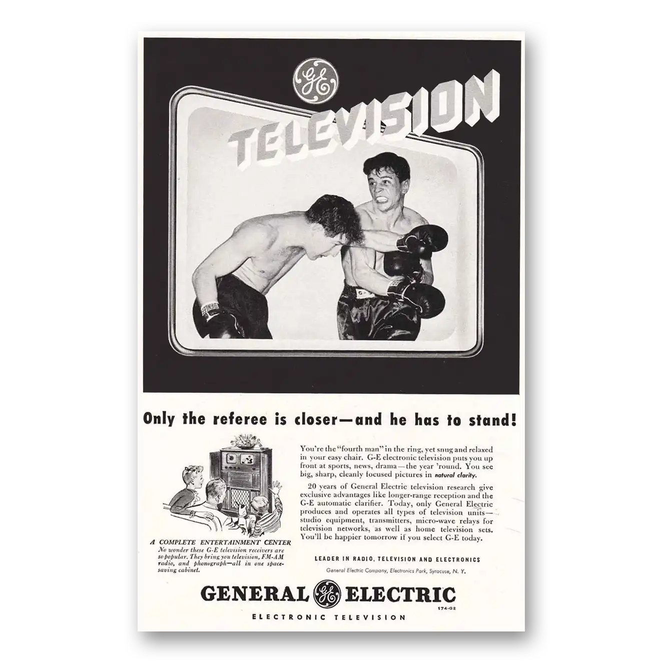 1948 General Electric Television Boxers Only the Referee is Closer Vintage Magazine Print Ad