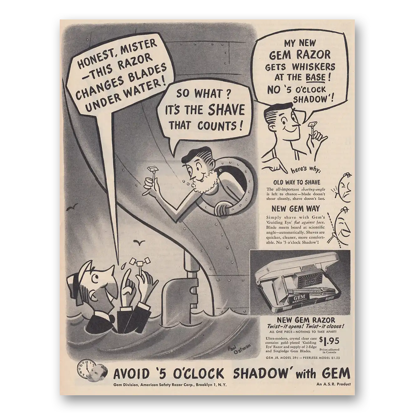 1948 Gem Razor and Blades Gets Whiskers at the Base Avoid 5 OClock Shadow Vintage Magazine Print Ad