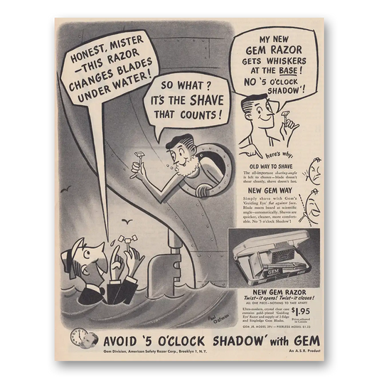 1948 Gem Razor and Blades Gets Whiskers at the Base Avoid 5 OClock Shadow Vintage Magazine Print Ad