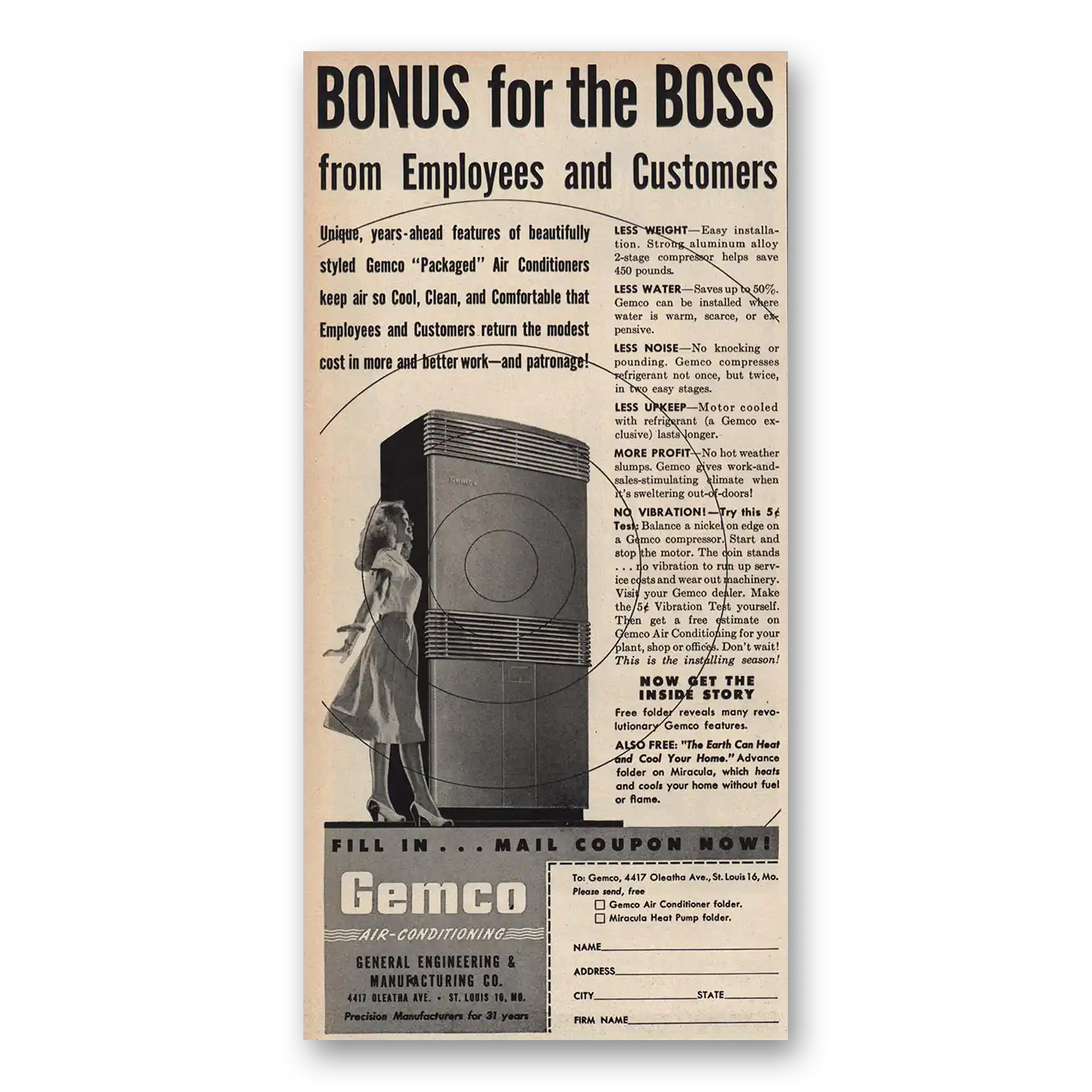 1948 Gemco Air Condioning Bonus for Boss Vintage Magazine Print Ad