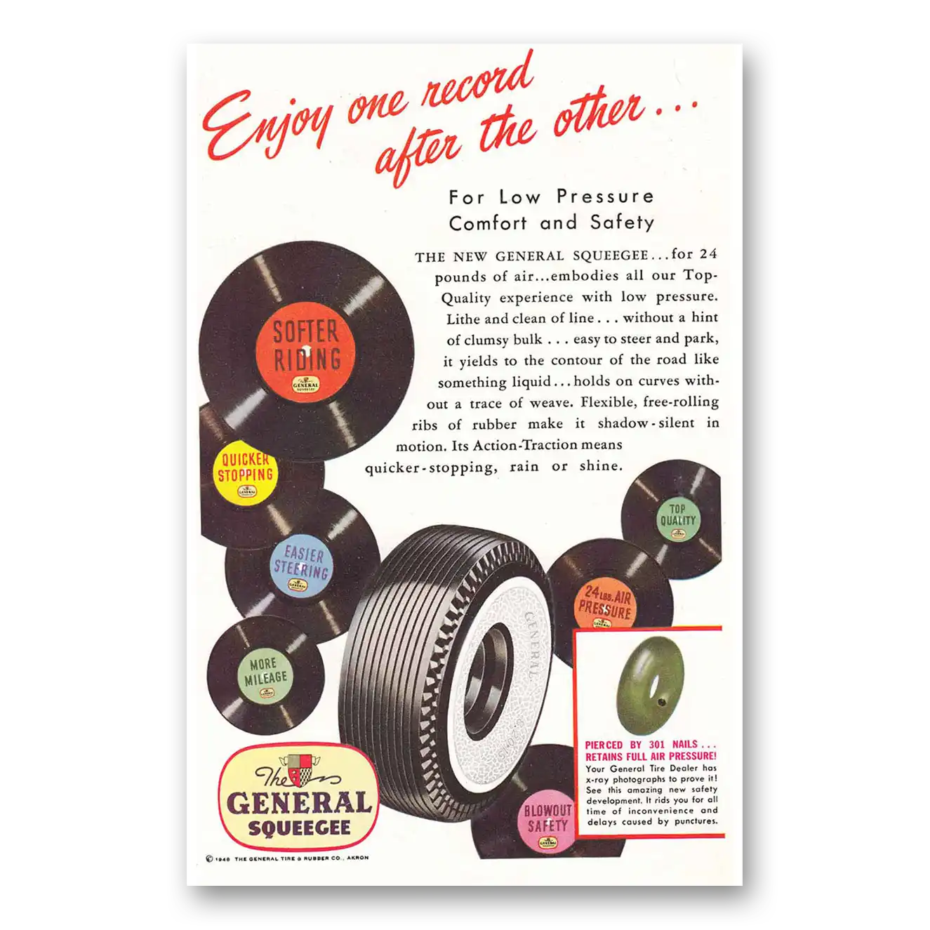 1948 General Squeege Tires Enjoy One Record Vintage Magazine Print Ad