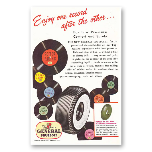 1948 General Squeege Tires Enjoy One Record Vintage Magazine Print Ad