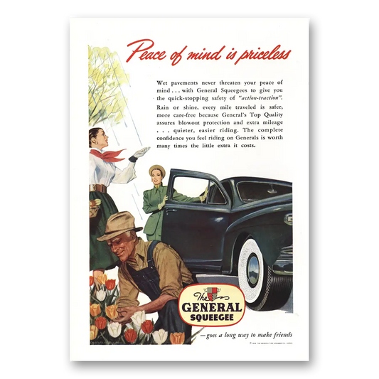 1948 General Squeege Tires Peace of Mind is Priceless Vintage Magazine Print Ad