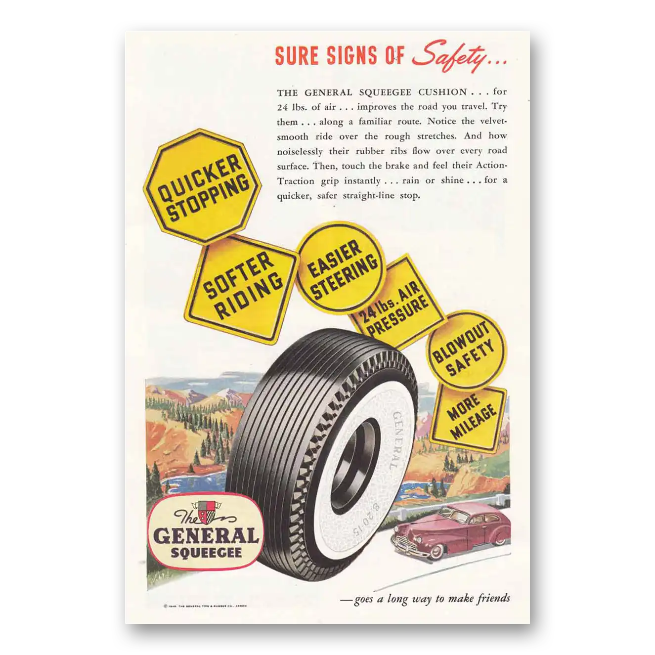 1948 General Tire Sure Signs of Safety General Squeegee Vintage Magazine Print Ad