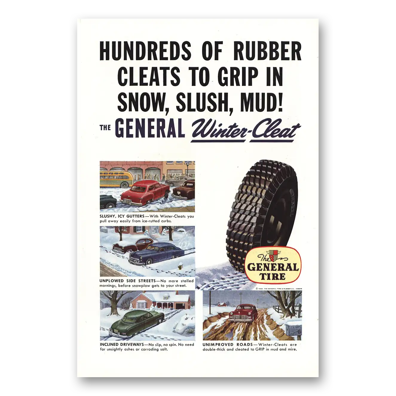 1948 General Tire Rubber Cleats Grip Snow Slush Mud Vintage Magazine Print Ad