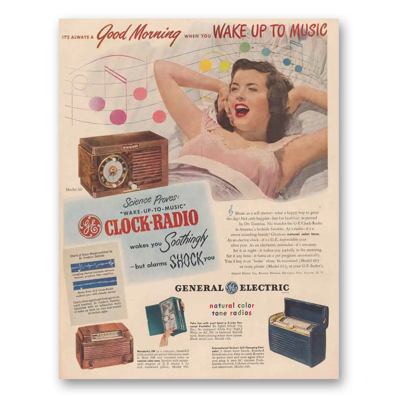 1948 General Electric Radio Clock Radio Wake Up to Music Vintage Magazine Print Ad