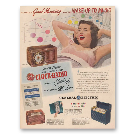 1948 General Electric Radio Clock Radio Wake Up to Music Vintage Magazine Print Ad