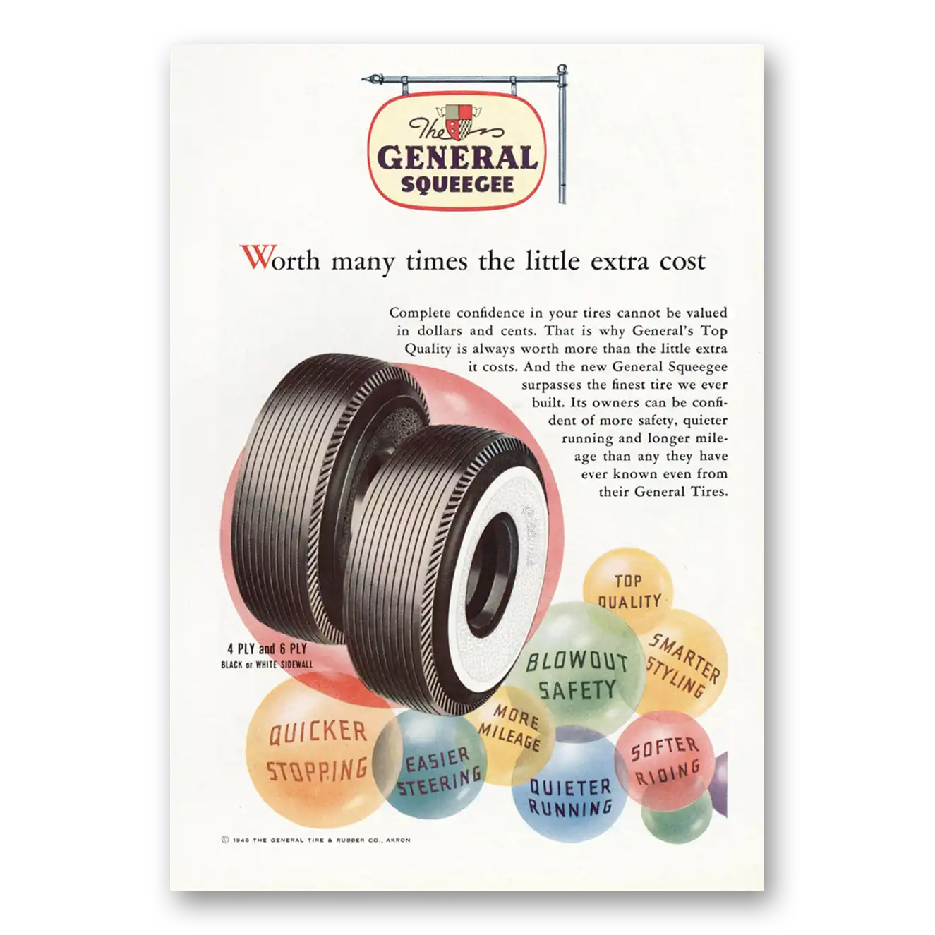 1948 General Squeege Tires Worth Many Times the Little Extra Cost Vintage Magazine Print Ad