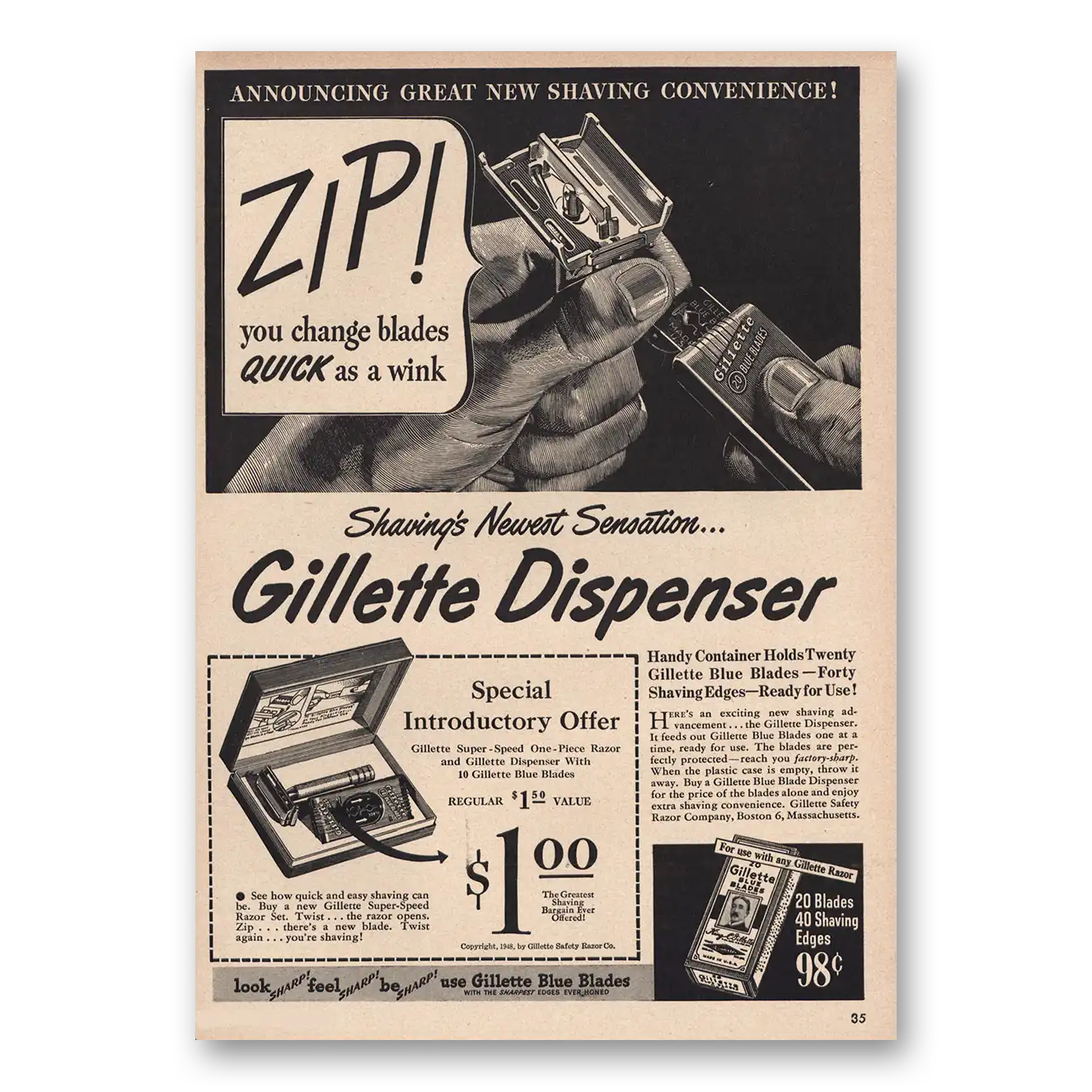 1948 Gillette Razor Blades Zip Change Blades Vintage Magazine Print Ad