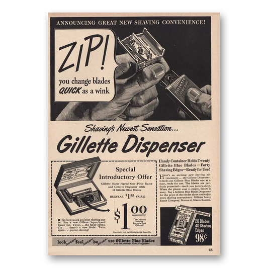 1948 Gillette Razor Blades Zip Change Blades Vintage Magazine Print Ad