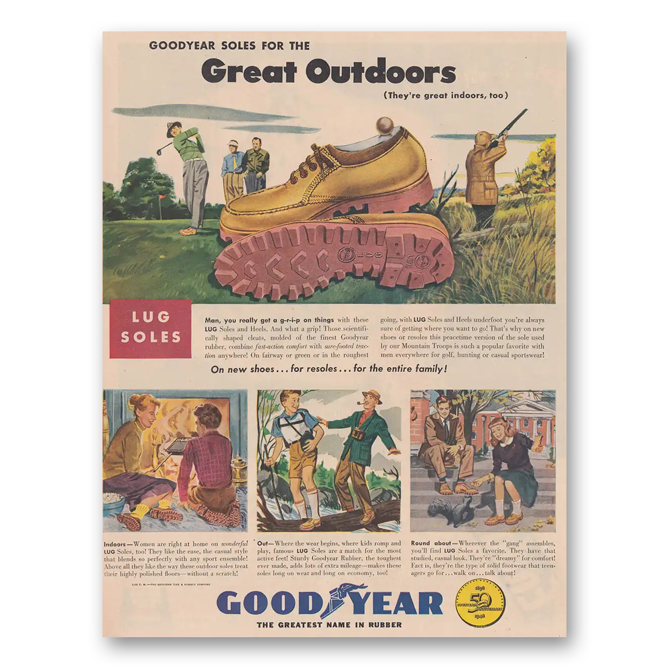 1948 Goodyear Lug Soles Great Outdoors Lug Soles Vintage Magazine Print Ad