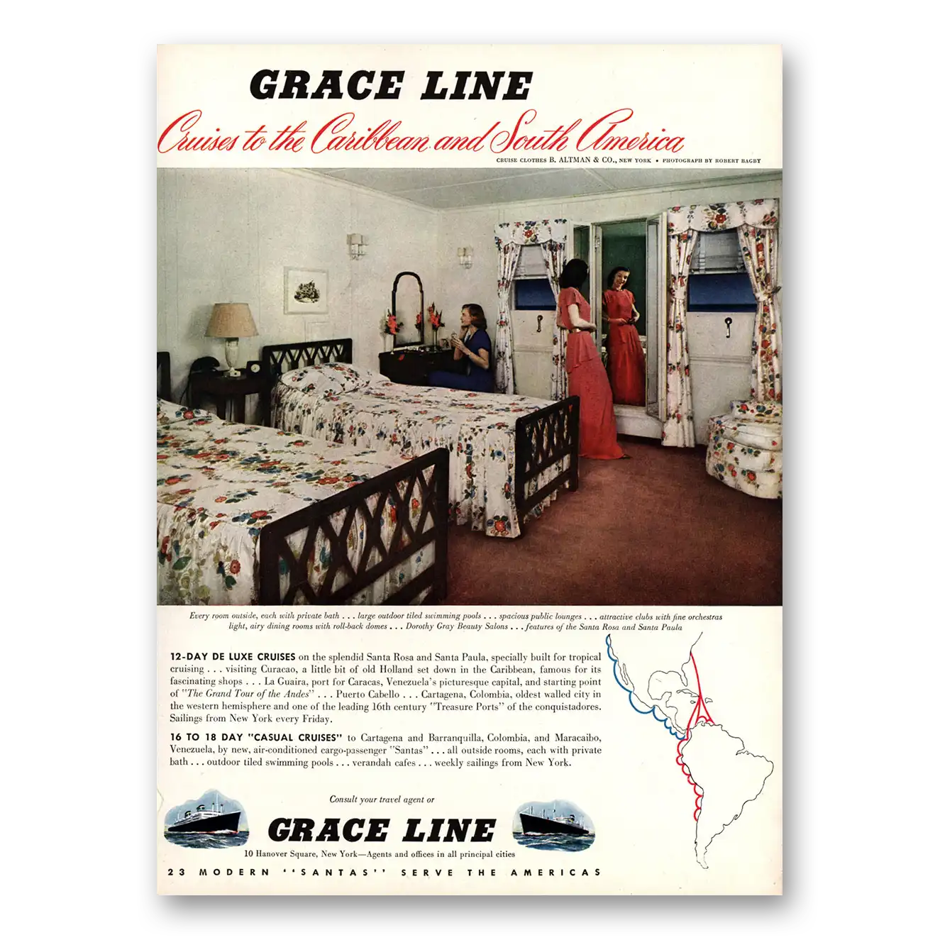 1948 Grace Line Every Room Outside With Private Bath Vintage Magazine Print Ad