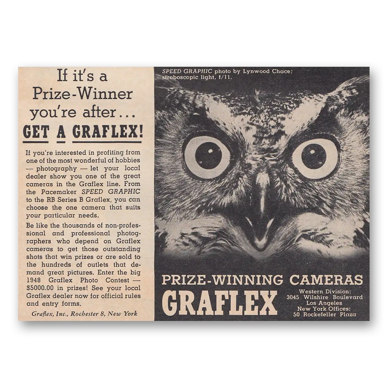 1948 Graflex Cameras Prize Winner Owl Vintage Magazine Print Ad