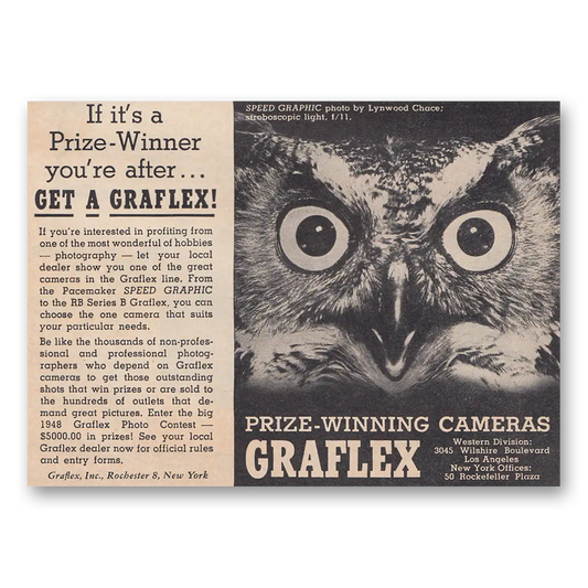 1948 Graflex Cameras Prize Winner Owl Vintage Magazine Print Ad