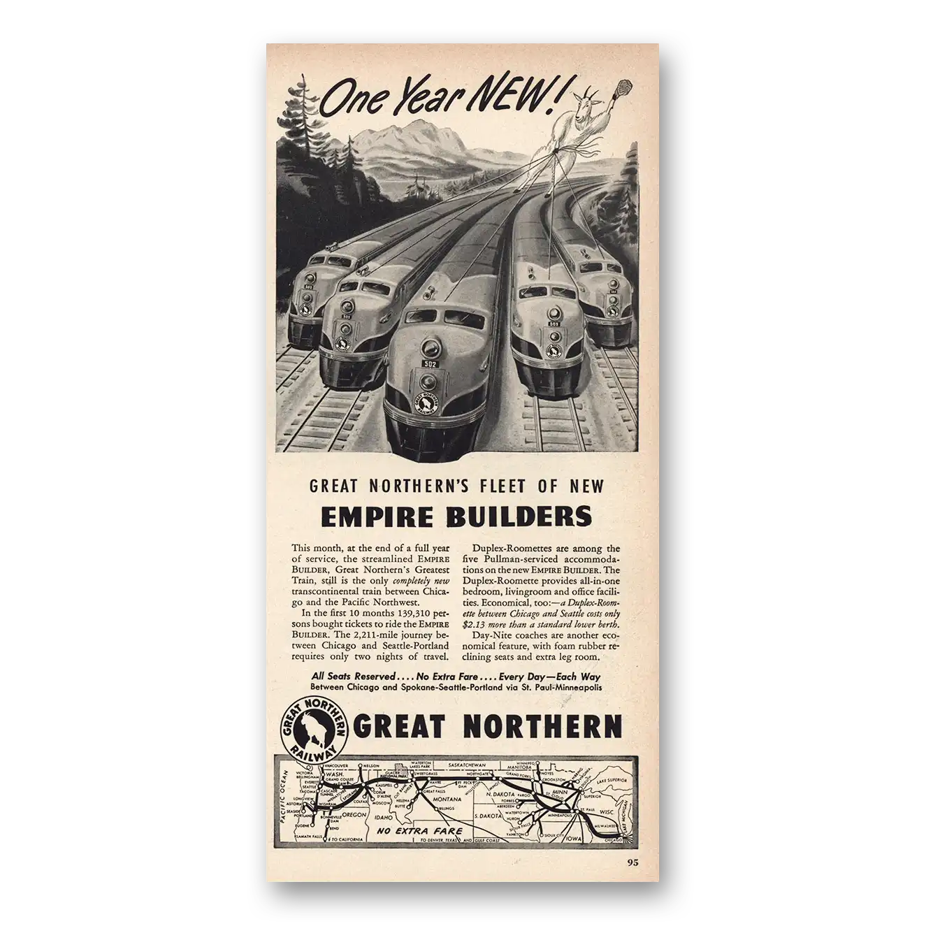 1948 Great Northern Railway One Year New Empire Builders Vintage Magazine Print Ad