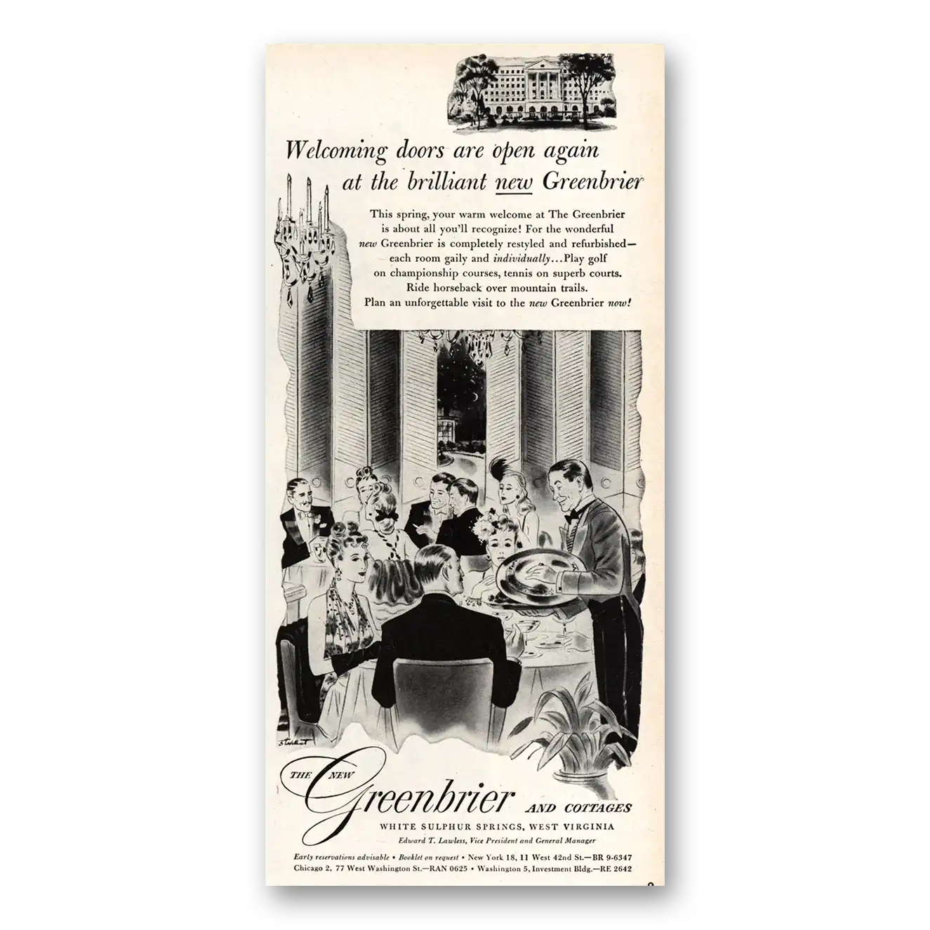 1948 Greenbrier Welcoming Doors Are Open Again Vintage Magazine Print Ad