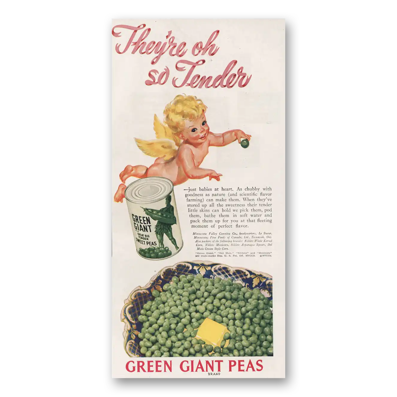 1948 Green Giant Peas Theyre Oh So Tender Vintage Magazine Print Ad