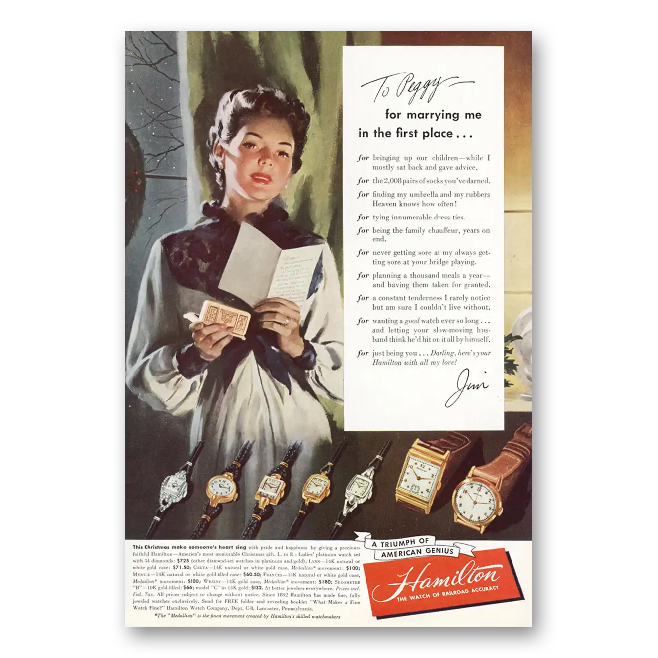 1948 Hamilton Watch To Peggy For Marrying Me In the First Place Vintage Magazine Print Ad