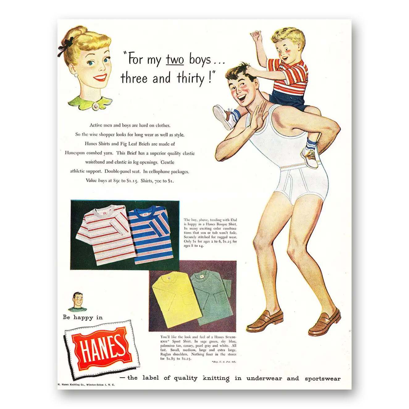 1948 Hanes Undergarments Underwear For My Two Boys Three and Thirty Vintage Magazine Print Ad