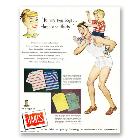 1948 Hanes Undergarments Underwear For My Two Boys Three and Thirty Vintage Magazine Print Ad