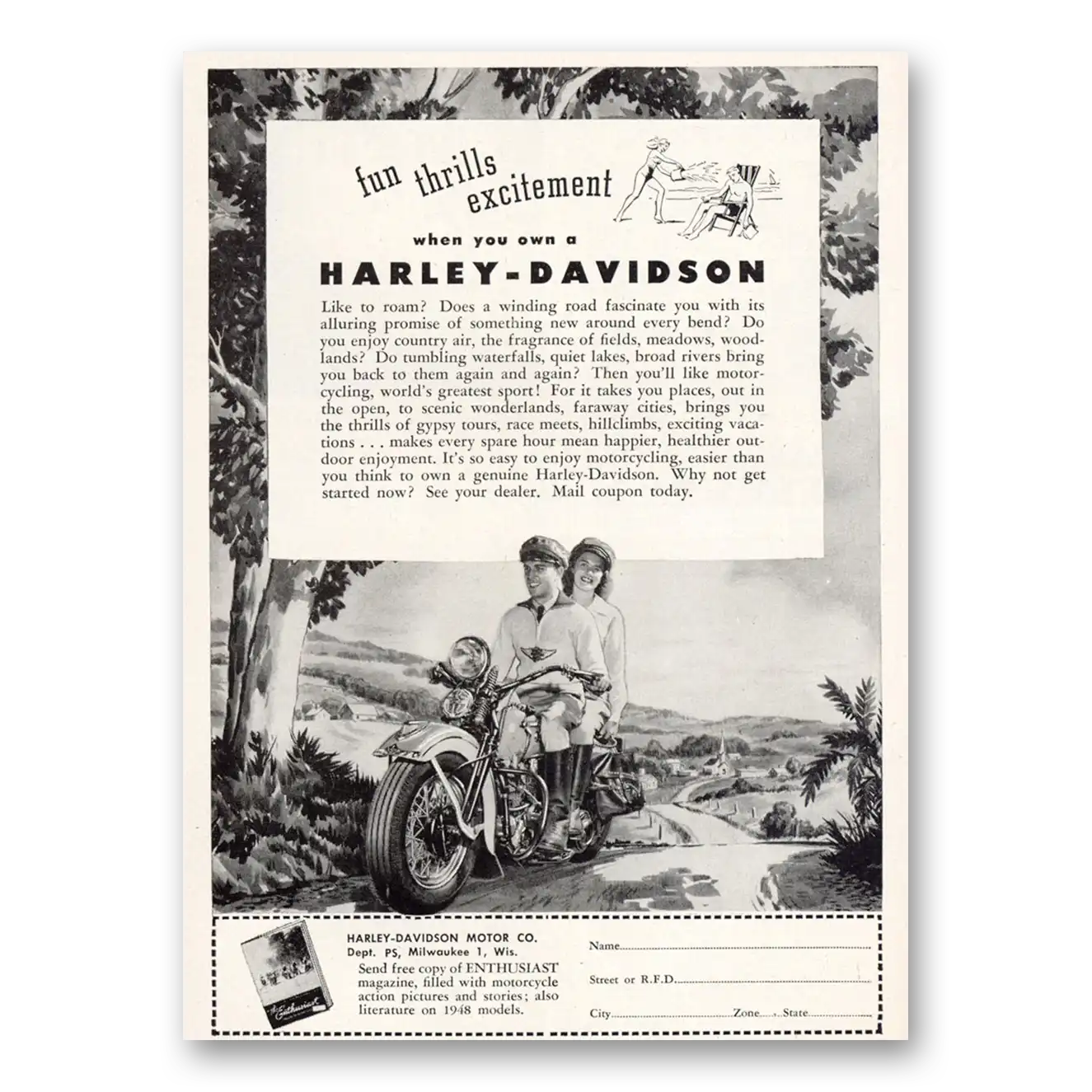 1948 Harley Davidson Fun Thrills Excitement Vintage Magazine Print Ad